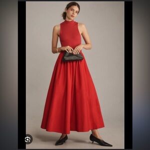 Reformation Sai Pleated Cotton Mixed Media Fit & Flare Midi Dress in Lipstick